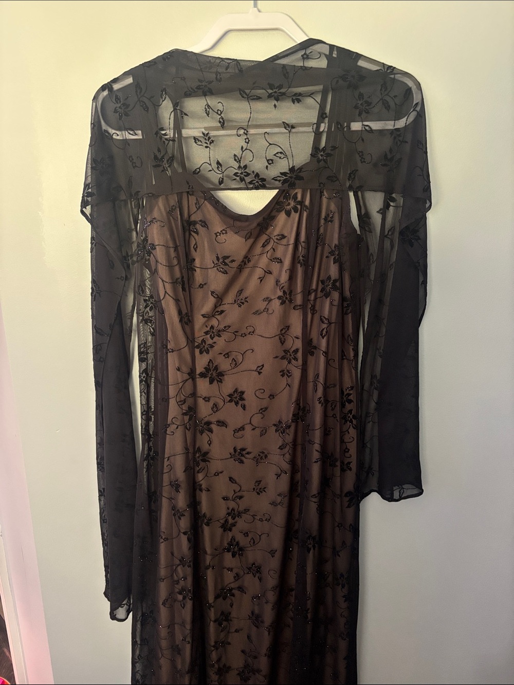 Sheer Black Lace Overlay on Brown Slip Wedding Dress